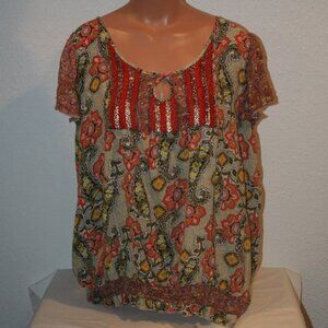 ENERGE Blouse 1X Scoop Neck Red Multicolor Floral Embellished Shirt C:49" Womens